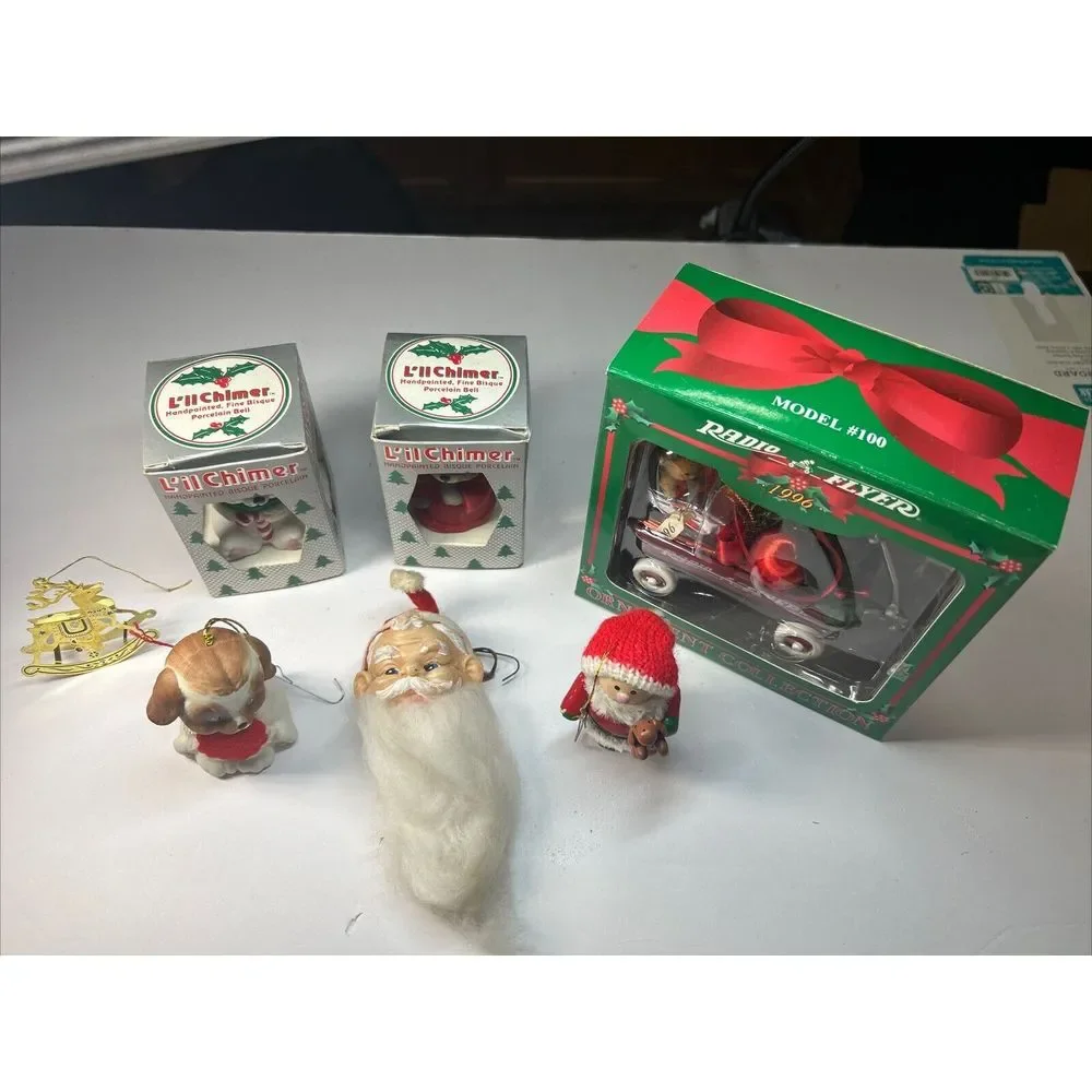 Lot of 7 Vintage Christmas Ornaments Reindeer Santa Bear Radio Flyer Retro‎